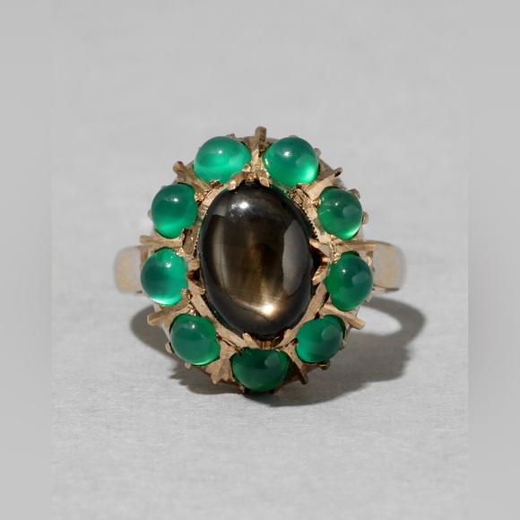 Vintage Jewelry - Eclectic 14KT Gold Vintage Ring Agate and Chrysoberyl